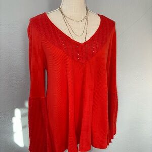 Free People Vibrant Red Lace V-Neck Blouse w bell sleeve details